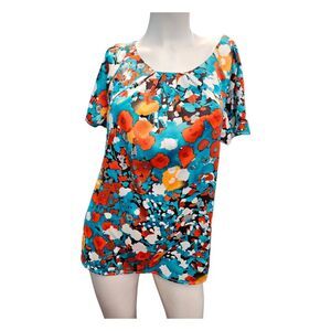 Elementz Blue Orange Floral Blouse SZ Medium Short Sleeve